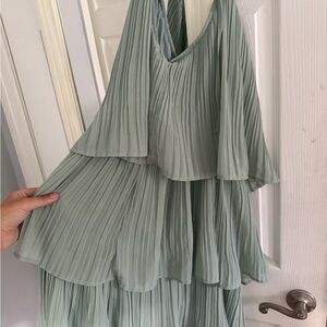 Green Asymmetrical Tiered Sundress with Bell Sleeves